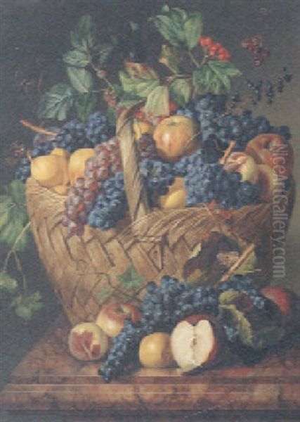 Grapes, Apples And Pears In A Basket With Berries And Butterflies On A Marble Ledge Oil Painting by Leopold Zinnoegger