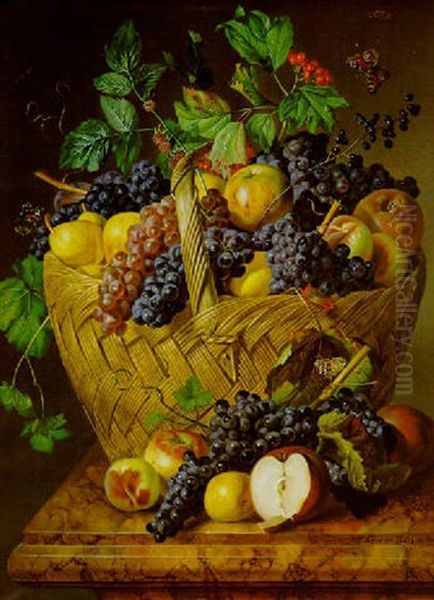 Groser Fruchtekorb Mit Schmetterlingen, Auf Einem Marmortisch Prasentiert Oil Painting by Leopold Zinnoegger