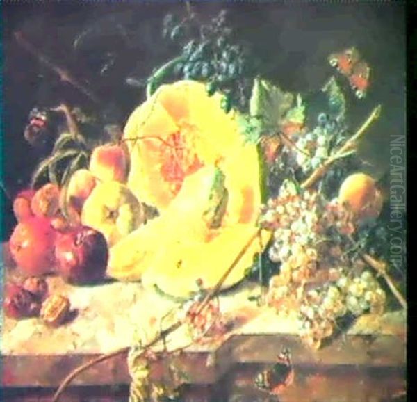 Still Life With Fruit, Nuts, Butterflies And A Bee Oil Painting by Leopold Zinnoegger