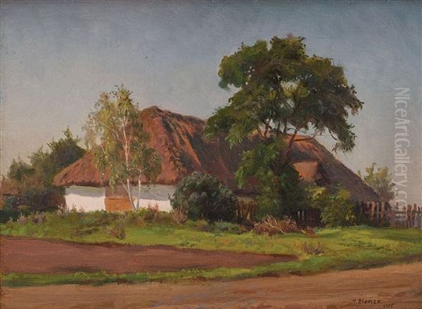 Pejzaz Z Chata Kryta Strzech A Oil Painting by Teodor Ziomek