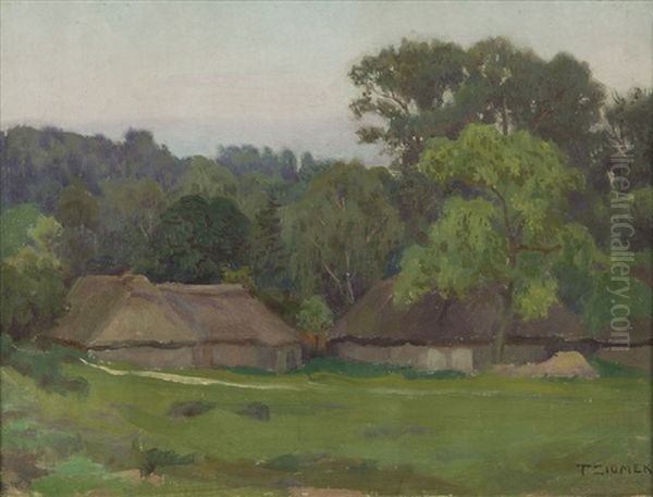 Landscape With Cottages Oil Painting by Teodor Ziomek