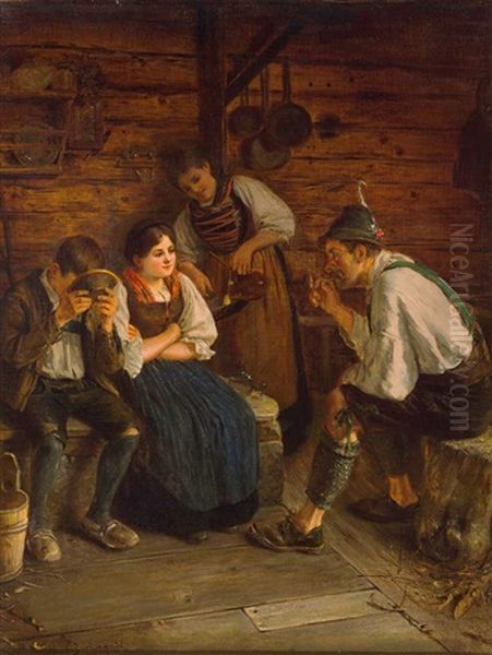 Landliches Interieur Mit Bauern In Tracht Und Zwei Dirndln Oil Painting by Hans August Zirngibl