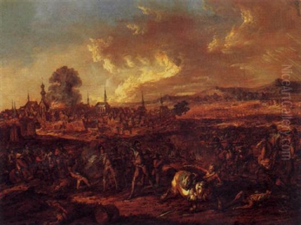 A Cavalry Skirmish With A Burning Town Beyond Oil Painting by Benjamin Zix