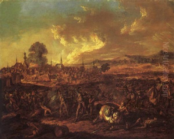 A Cavalry Skirmish With A Burning Town Beyond Oil Painting by Benjamin Zix