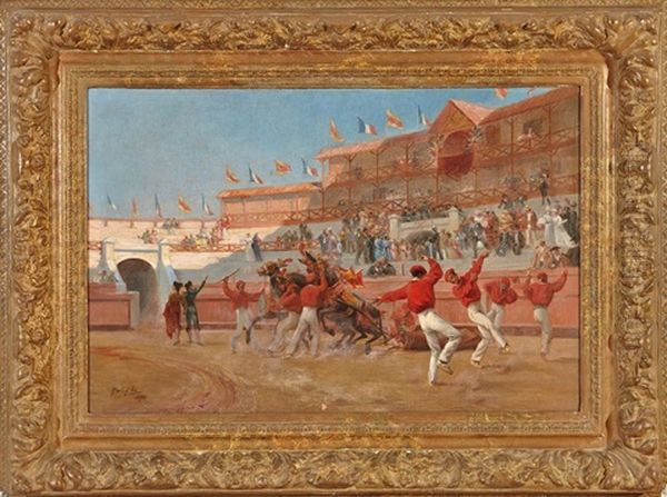 Fin De Corrida Aux Arenes De Bayonne Oil Painting by Henri Achille Zo