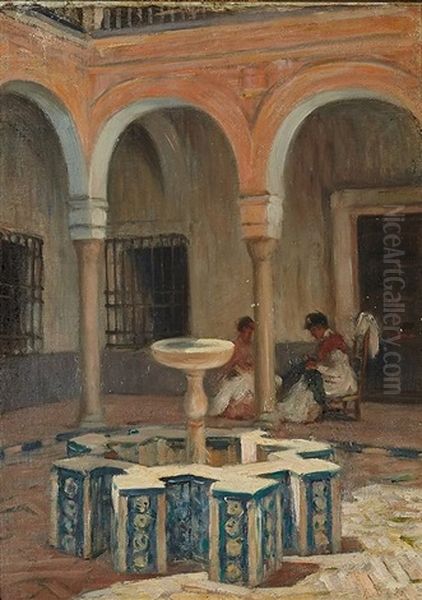 Fileuses Dans Le Patio Oil Painting by Henri Achille Zo