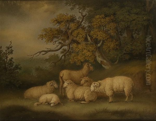 A 'marmotinto' Sand Painting Of Six Sheep In A Woodland Landscape Oil Painting by Benjamin Zobel