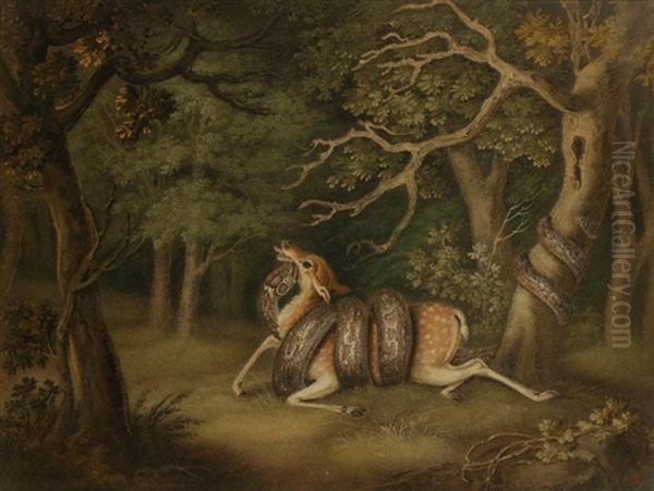 A 'marmotinto' Sand Painting Of A Python Constricting A Deer In A Woodland Landscape Oil Painting by Benjamin Zobel