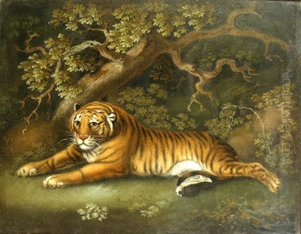 A 'marmotinto' Sand Painting Of A Recumbent Tiger In A Woodland Landscape Oil Painting by Benjamin Zobel