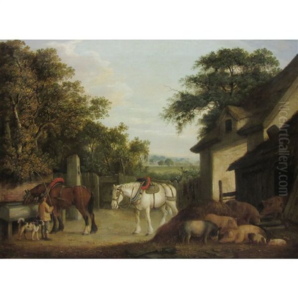 Horses And Pigs In A Farmyard Oil Painting by Benjamin Zobel