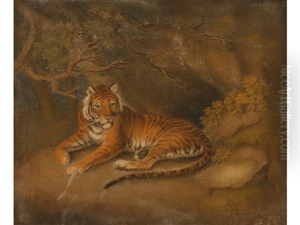 A Lion In A Rocky Landscape (+ Tiger; 2 Works After George Stubbs) Oil Painting by Benjamin Zobel