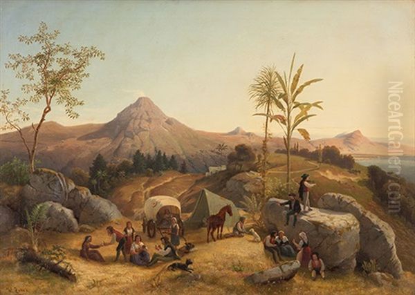 Stromboli - Rastende Zigeuner Mit Pferd Und Planwagen Am Fusse Des Vulkans Oil Painting by Wilhelm Zobus