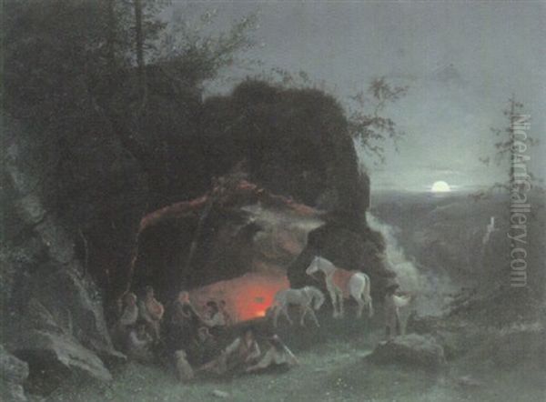 Vor Einer Hohle Lagernde Zigeuner Am Offenen Feuer Oil Painting by Wilhelm Zobus