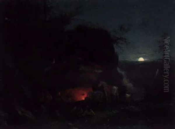 Travellers Resting Near In Moonlight Oil Painting by Wilhelm Zobus