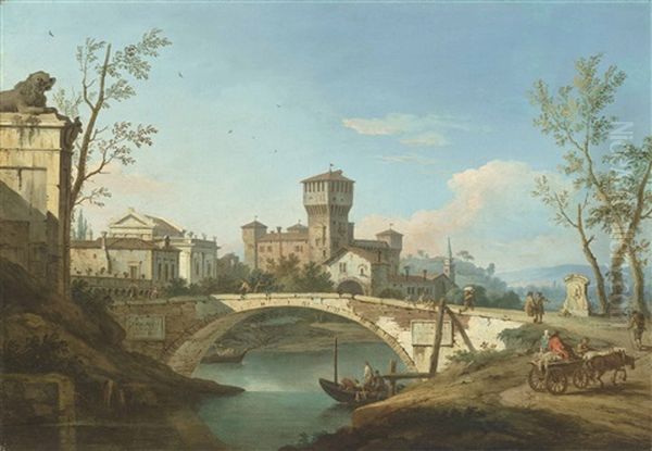 A Capriccio Of A Town With A Bridge Over A River, A Castle And A Villa Beyond Oil Painting by Giuseppe Zocchi