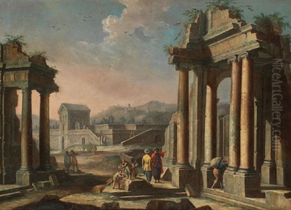 Architectural Capricci With Figures Amongst Classical Ruins Oil Painting by Giuseppe Zocchi