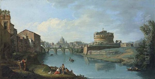 The Tiber River, Rome, Looking Towards The Castel Sant'angelo, With Saint Peter's Basilica Beyond Oil Painting by Giuseppe Zocchi