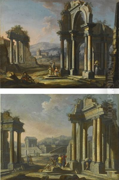 Architectural Capricci With Figures Among Classical Ruins: A Pair Oil Painting by Giuseppe Zocchi