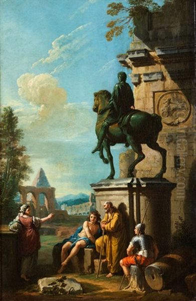 Romisches Ruinencapriccio Antiker Reiterstatue Und Figurenstaffage Oil Painting by Giuseppe Zocchi