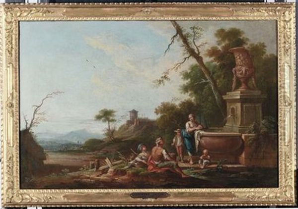 Scena Campestre Con Contadini Presso Una Fontana Veduta Costiera Con Contadini Presso Un Monumento (pair) Oil Painting by Giuseppe Zocchi