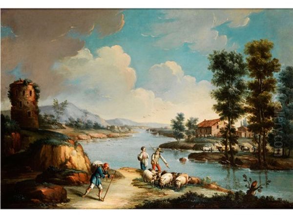 Landschaft Mit Weiler, Hirten Und Herde Oil Painting by Giuseppe Zocchi