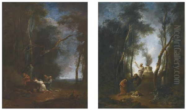 Scene Of Sacrifice In A Forest Clearing; Scene Of Sacrifice With A Lamb And A Man Holding Chains (pair) Oil Painting by Giuseppe Zocchi