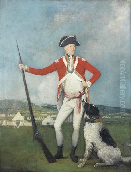 Portrait Of A Gentleman, Full-length, In Red Uniform, Standing Before An Army Encampment, A Hound At His Feet Oil Painting by Johann Joseph Zoffany