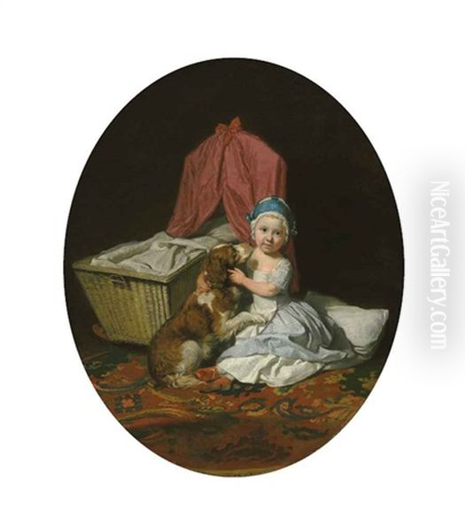 Portrait Of Hester Maria Thrale, Queeney (1764-1857), As A Child, Full-length, In A Blue Checked Dress And White Apron, And A Blue Pudding Hat... Oil Painting by Johann Joseph Zoffany