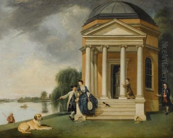 The Garden At Hampton House, With Mr. And Mrs. David Garrick Taking Tea (+ The Shakespeare Temple At Hampton House, With Mr. And Mrs. David Garrick; Pair) Oil Painting by Johann Joseph Zoffany