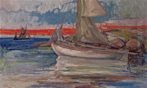 A Sailing Boat Moored In A Quiet Inlet Oil Painting by Emil Karl Zoir