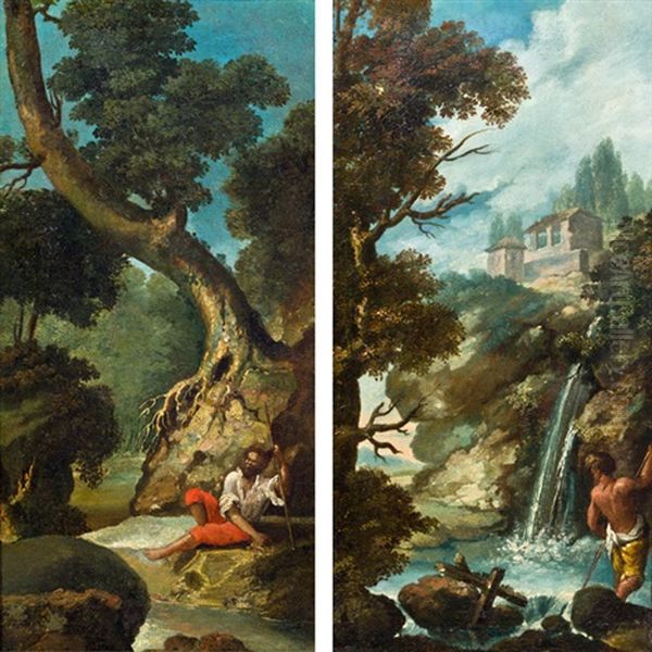 Landschaft Mit Wasserfall (+ Landschaft Mit Sitzendem Fischer; Pair) Oil Painting by Giuseppe Zola