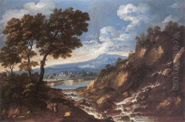 Paesaggio Con Ruscello, Viandanti E Pescatore Oil Painting by Giuseppe Zola