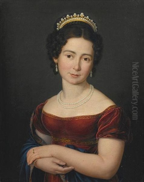 Portrait Of Marie Luise Victoire Prinzessin Von Sachsen-coburg-saalfeld, Later Of Leiningen And Then Duchess Of Kent In A Red Dress With A Blue Shawl, With A Pearl Necklace And A Tiara Oil Painting by Franz Joseph Zoll