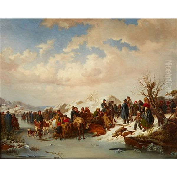 Villagers Gathering, Winter Oil Painting by Kilian Christoffer Zoll