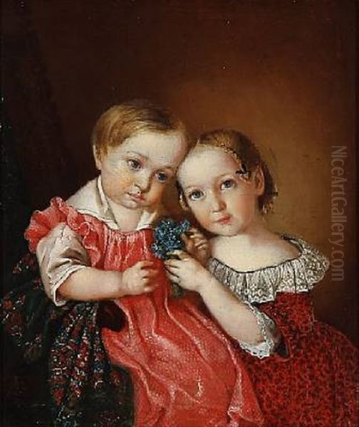 Two Little Girls With A Bouquet Of Anemones Oil Painting by Kilian Christoffer Zoll