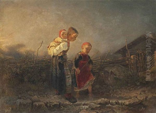 Children At A Stream Oil Painting by Kilian Christoffer Zoll