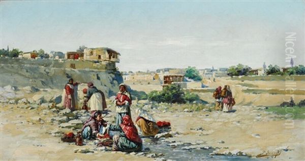 Caucasian Landscape With Russian Women Fetching Water At A Stream Oil Painting by Richard Karlovich Zommer