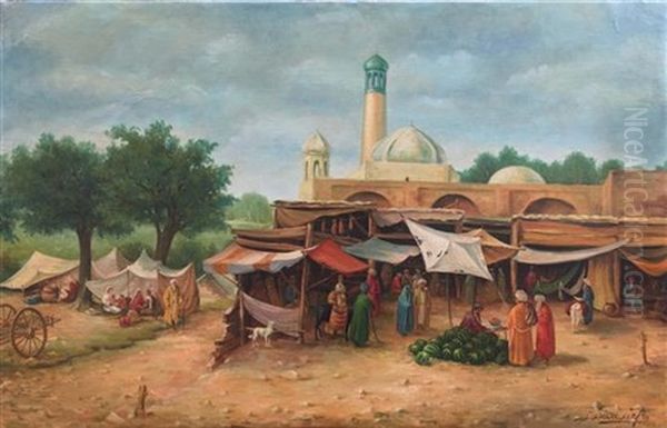 Market Scene Oil Painting by Richard Karlovich Zommer