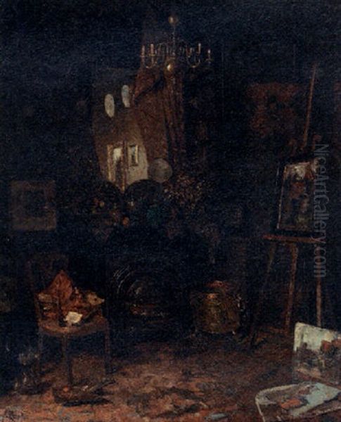 An Interior With A Mirror Above A Fireplace And Paintings Displayed Throughout The Room Oil Painting by Jacob Abraham (Jacques) Zon