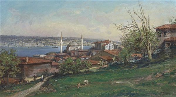 A View Of Constantinople With The Dolmabahce Mosque Seen From The Hills Of Gumussuyu Oil Painting by Fausto Zonaro