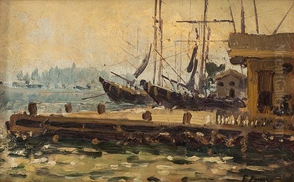 Galata'da Iskelede Yelkenliler Oil Painting by Fausto Zonaro