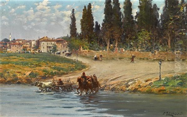 At The Water's Edge Oil Painting by Fausto Zonaro