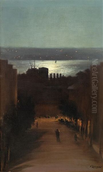 View Of Besiktas From The Artist's House At Night Oil Painting by Fausto Zonaro