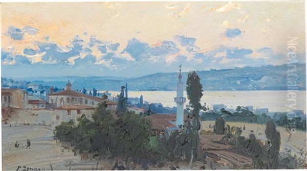 Sunset Over Macka Over The Bosporus Oil Painting by Fausto Zonaro