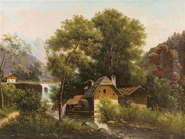 Muhle In Alpenlandschaft Oil Painting by Julius Zopf