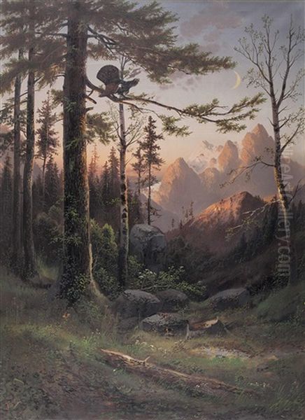 Abendrot Uber Dem Hochgebirge Mit Balzendem Auerhahn Oil Painting by Julius Zopf