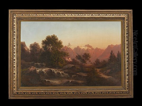 Austrian Landscape At Sunset, With View Of A Castle Oil Painting by Julius Zopf