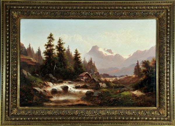 Hutte Am Wildbach In Gebirgslandschaft Oil Painting by Julius Zopf