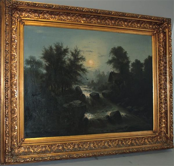 Flusslandschaft Bei Mondschein Oil Painting by Julius Zopf