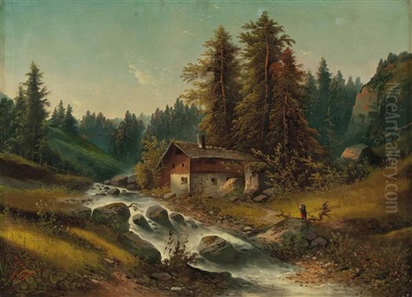 Bauernhaus In Wald Mit Wildbach Und Personenstaffage Oil Painting by Julius Zopf